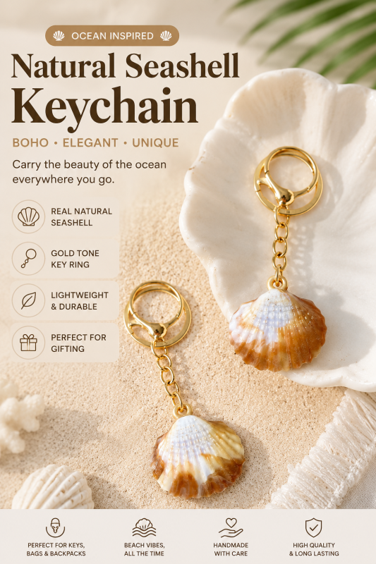 Natural Seashell Keychain for Women | Gold Tone Shell Charm Key Ring | Beach Inspired Bag Accessory Gift”