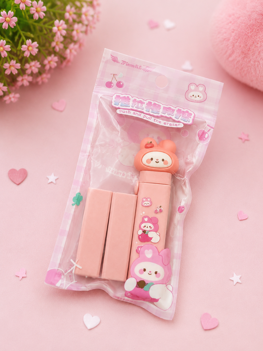Cute Push Pull Eraser Set with 2 Refill Erasers | Kawaii Stationery