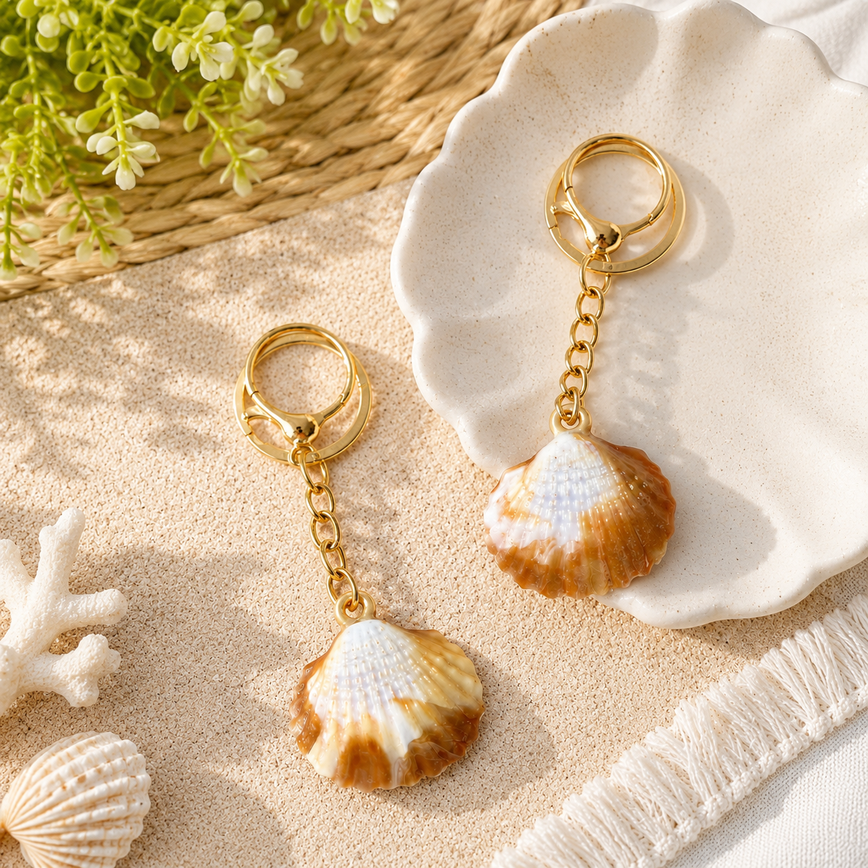 Natural Seashell Keychain for Women | Gold Tone Shell Charm Key Ring | Beach Inspired Bag Accessory Gift”