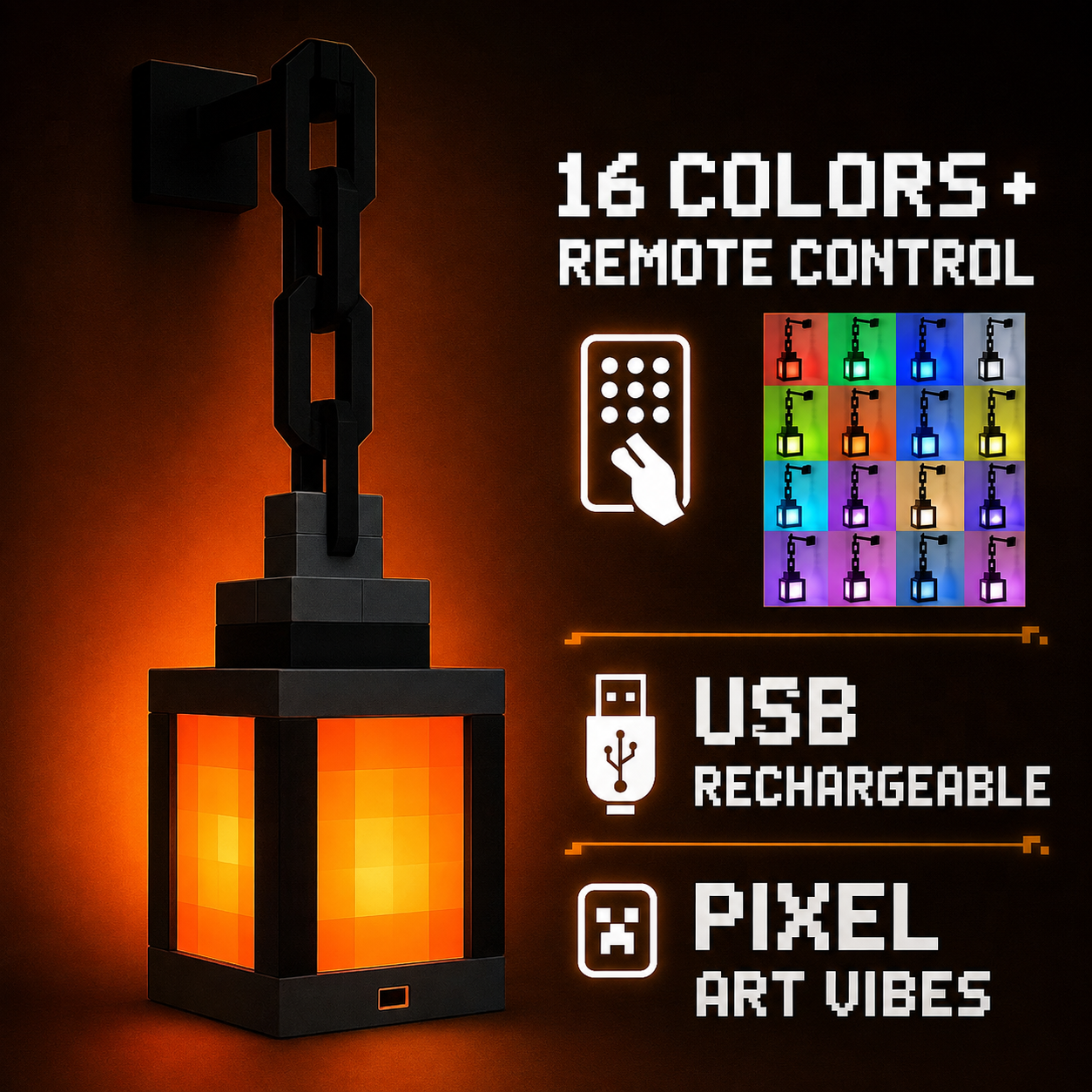 Minecraft-Inspired 16-Color RGB LED Torch Lantern with Remote Control