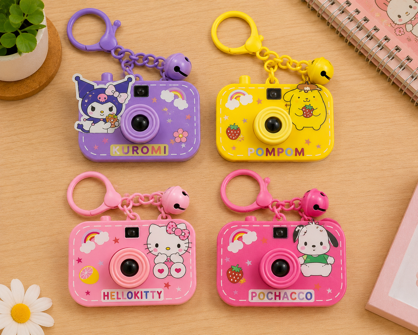 Cute Pochacco Mini Camera Keychain with Bell – Kawaii Key Ring for Girls