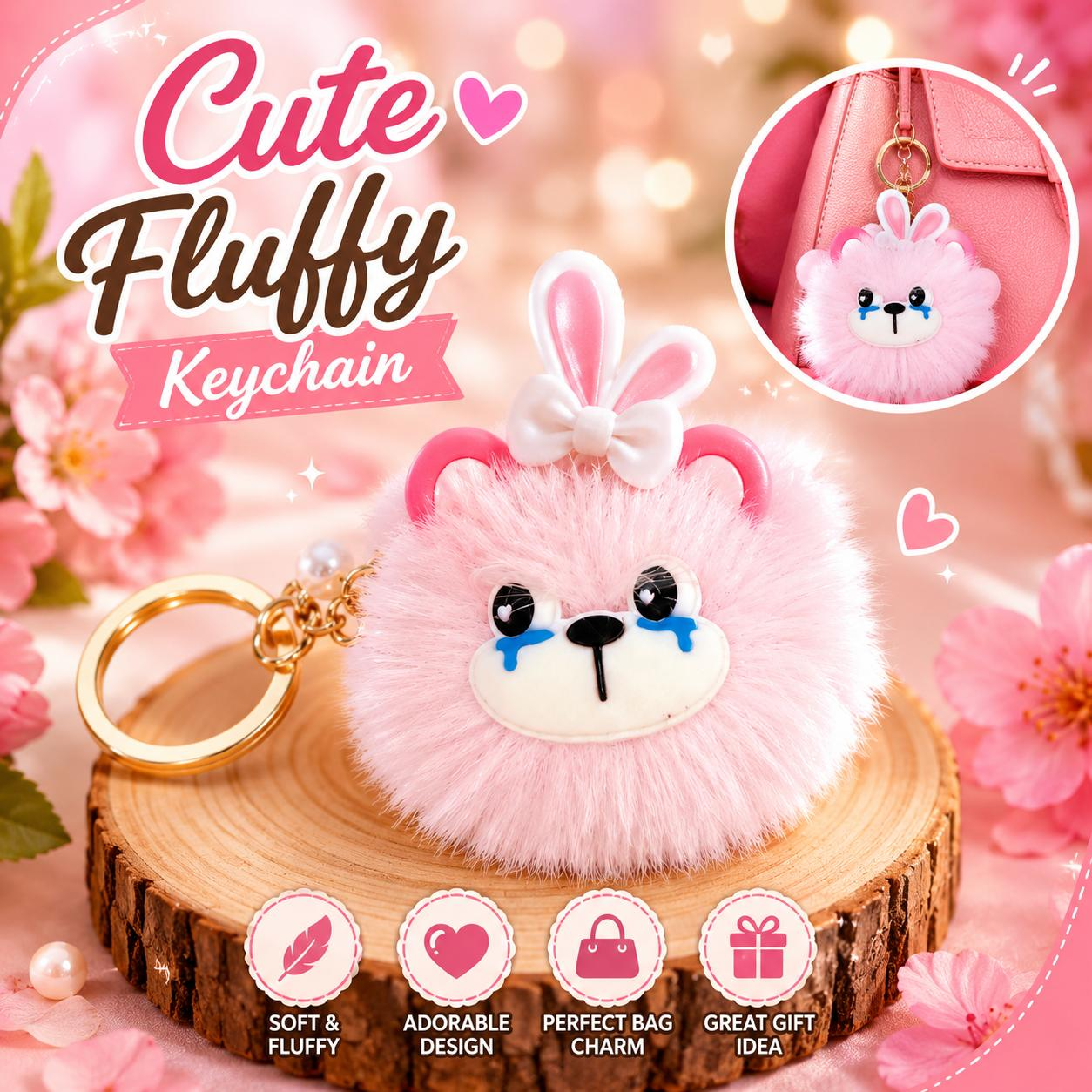 Premium Pink Fluffy Bear Keychain | Cute Plush Bag Charm & Key Ring